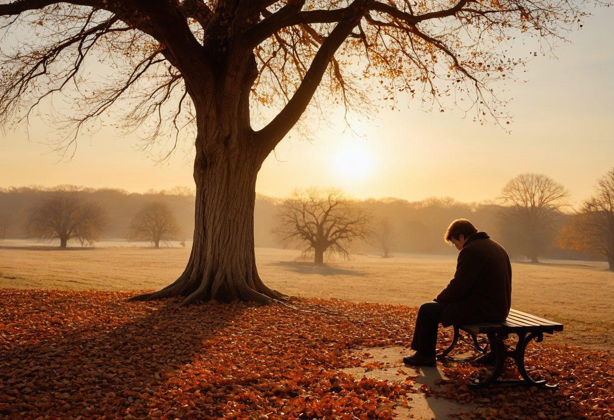 A moody, dimly lit scene depicting a solitary figure sitting on a bench under a bare tree, surrounded by falling leaves, with a distant sunset casting a warm glow. The air is thick with emotion as shadows play on the ground, symbolizing the weight of sorrow. Incorporate elements like a scattered journal and a quill to represent storytelling. The overall atmosphere should evoke reflection and nostalgia. super-realistic. muted colors. soft focus.