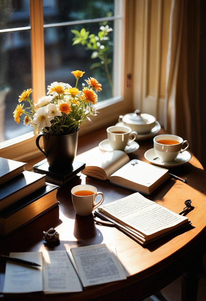A beautifully crafted writing desk by a window, adorned with an open journal filled with handwritten notes. Soft sunlight casts a warm glow over a cup of steaming tea, surrounded by a delicate arrangement of flowers. In the background, shadows of heartfelt stories linger, symbolizing emotions transformed into narratives. The scene evokes a sense of comfort, introspection, and creativity. super-realistic. warm colors. soft focus.