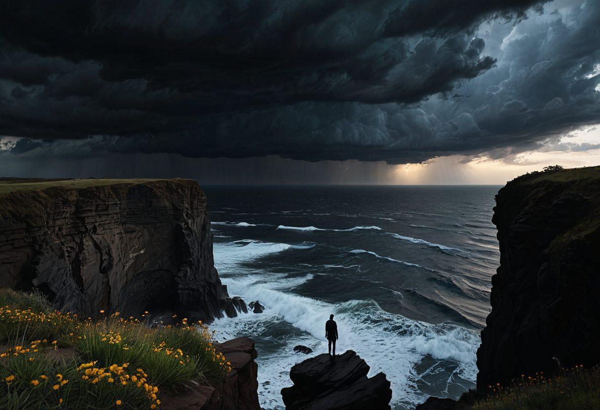A silhouette of a person standing at the edge of a desolate cliff, gazing at a stormy ocean under a dramatic sky filled with dark clouds and flashes of lightning. The scene conveys deep emotion, capturing the juxtaposition of beauty and despair, with petals of wilted flowers drifting in the breeze. Soft ethereal lights illuminate the scene, enhancing the sense of melancholy. super-realistic. vibrant colors. dramatic lighting.